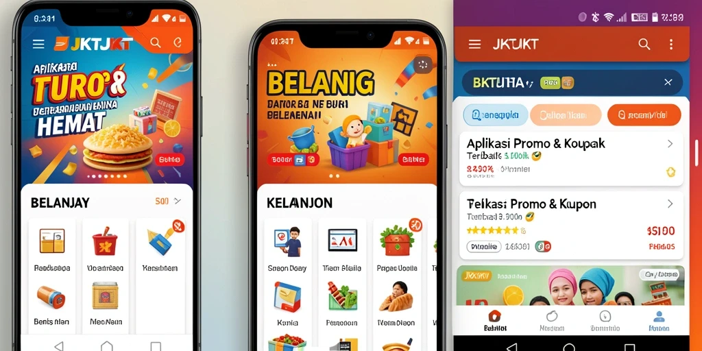 Tampilan antarmuka aplikasi JKTJKT dengan berbagai promo menarik.