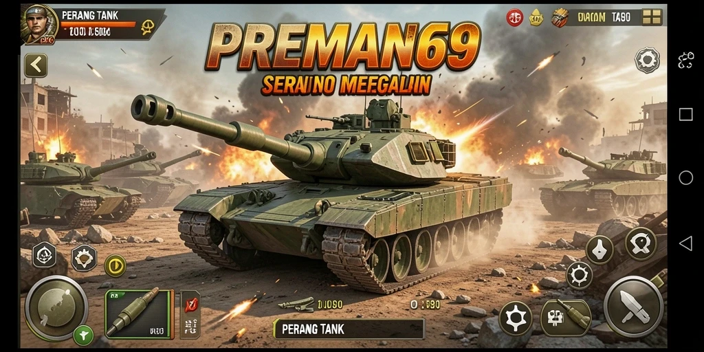 Antarmuka utama PREMAN69 yang menampilkan tank dan medan perang yang dinamis.